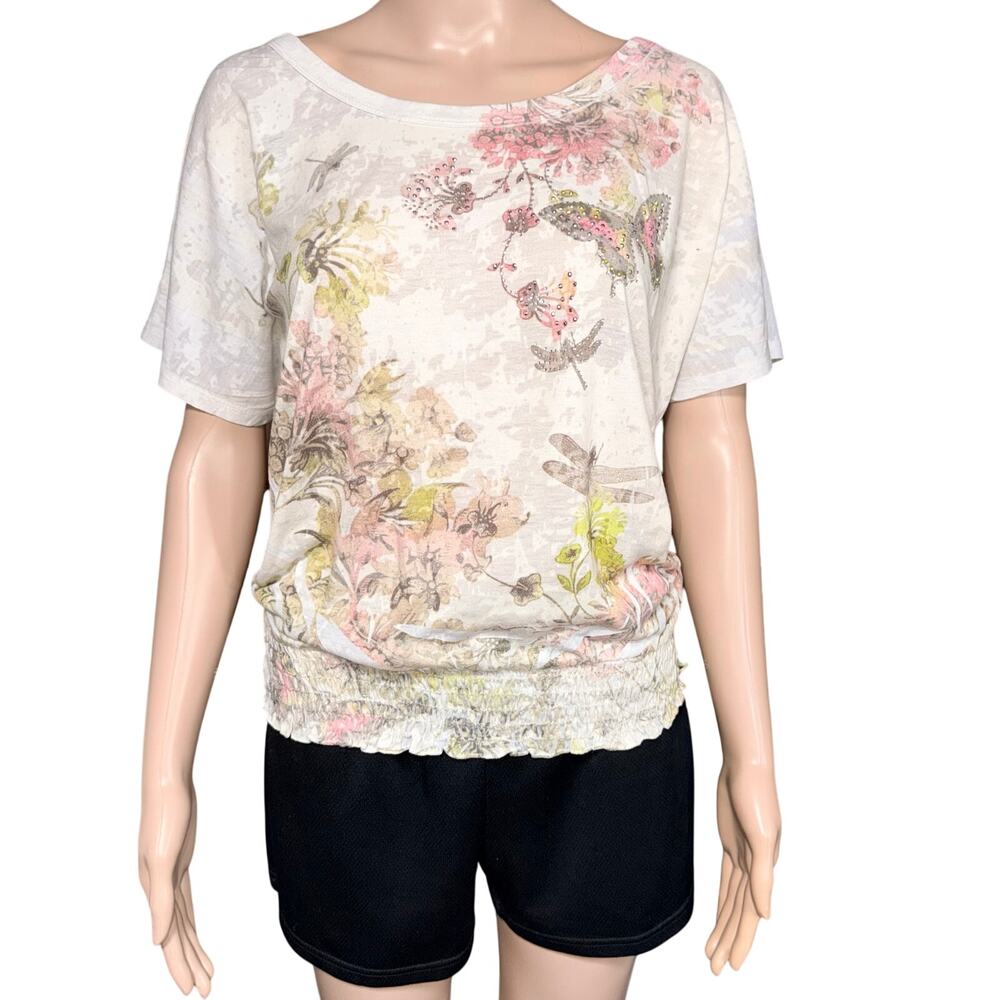 Y2K Maurices Womens T Shirt Top Boat Neck Smocked Hem Short Sleeve Floral
